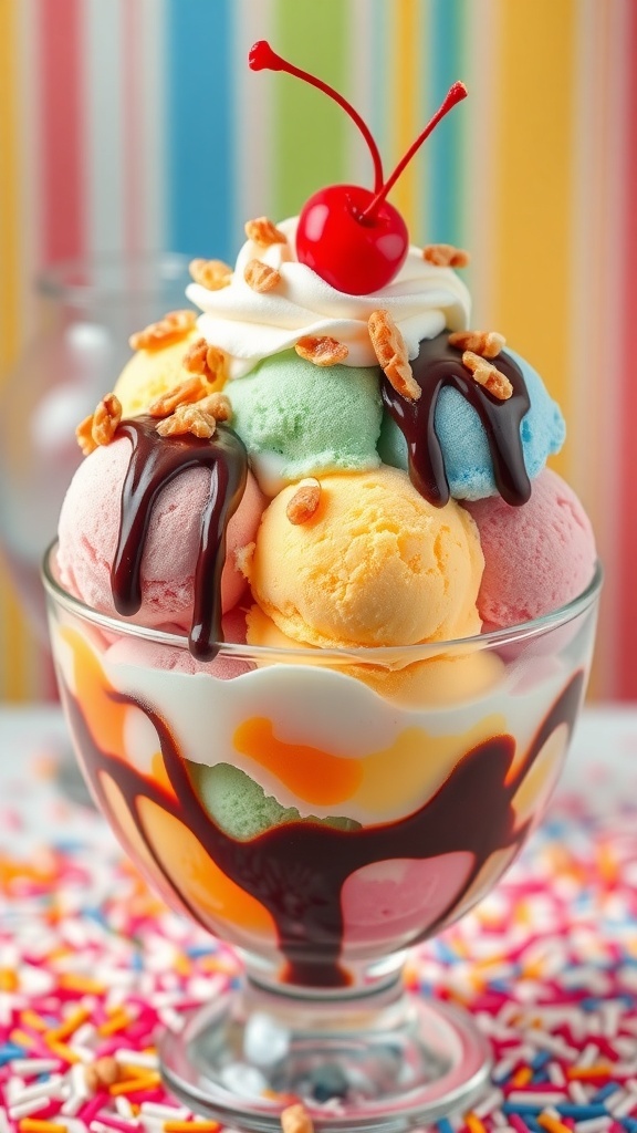 Delicious Ice Cream Sundae Recipe A colorful ice cream sundae with whipped cream, chocolate sauce, nuts, and a cherry in a glass bowl.